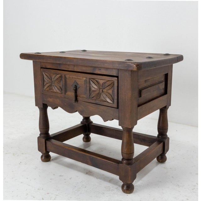 Spanish side cabinet nightstand Mid-century Poplar bedside table with studs One drawer