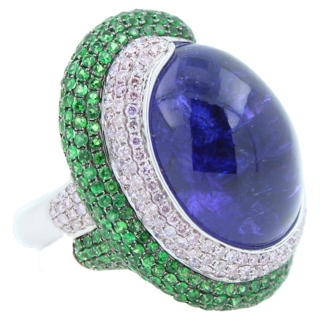 Blue Tanzanite Oval Cabochon Diamonds Tsavorites Pave 18k White Gold Unique Ring, Size 7 For Sale - Image 4 of 18