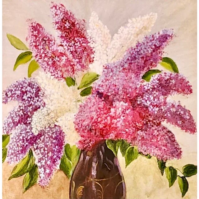 Vintage oil painting of Lilacs in a Vase. Deep shades of purple and white botanicals in amethyst vase. Unsigned. Charming...