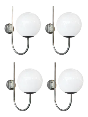 Set of Four of Vintage Italian Sconces W / Glossy White Murano Glass Globes Mounted on Nickel Metal Frames