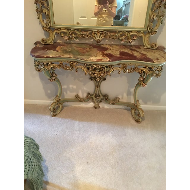 Exquisite Venetian hand carved with soft green patina, gold gilt highlights. Flowers are hand carved in shades of pink,...