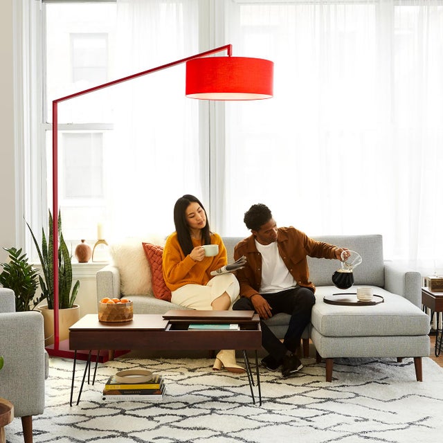 Mid-Century Modern Stretch Arc Floor Lamp - 87", Red Finish, Sturdy Rectangular Base, Dimmer Switch For Sale - Image 3 of 18