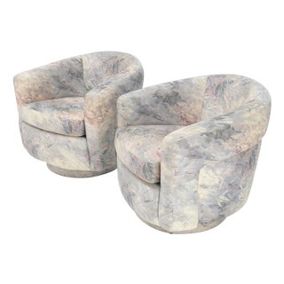 Pair Mid-Century Modern Milo Baughman Thayer Cogging Swivel Barrel Lounge Chairs For Sale