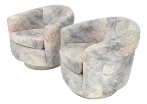 Pair Mid-Century Modern Milo Baughman Thayer Cogging Swivel Barrel Lounge Chairs