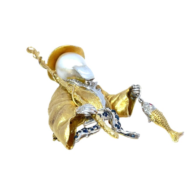 Modern 14k Two-Tone Gold Fisherman Brooch With Baroque Pearl, Diamond, Sapphire & Ruby For Sale - Image 3 of 9