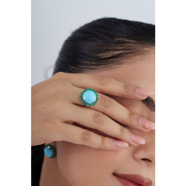 6.13ct Cabochon Turquoise & Emerald Halo Cocktail Ring in 14k White Gold Size 7 For Sale - Image 9 of 18