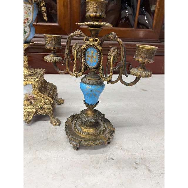 Set of 5, Early 20th Century A Three Piece Clock Garniture Together With a Pair of Three Light Candelabras For Sale In Los Angeles - Image 6 of 12