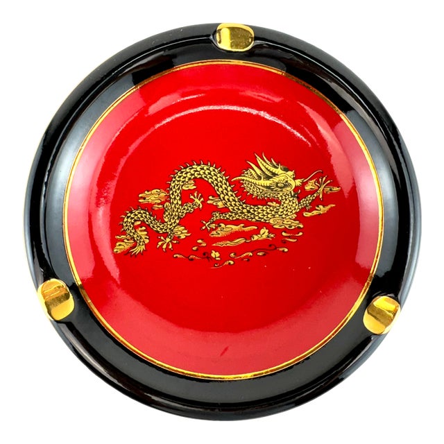 Vintage Italian Black and Red Ceramic Ashtray With Gilt Dragon Motif For Sale