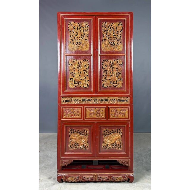 Early 20th Century Chinese Red and Gilt Carved Three-Piece Cabinet, Likely Early-20th Century For Sale - Image 5 of 9