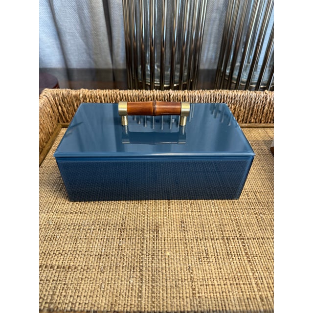 Boho Chic Navy Blue Bamboo Box For Sale - Image 3 of 4