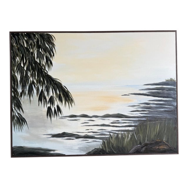 The Coast Contemporary Hand Painted Canvas Artwork in Oak Frame For Sale