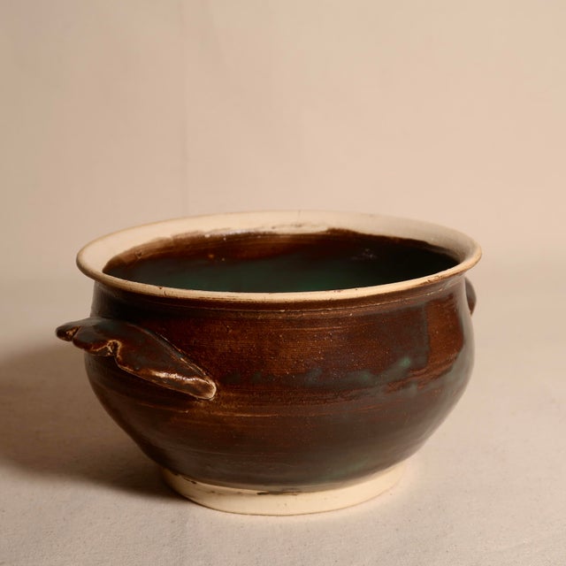 Vintage Signed Wabi Sabi Studio Pottery Stoneware Bowl With Sculptural Handles in a Earthy Brown & Green Glaze For Sale - Image 4 of 10