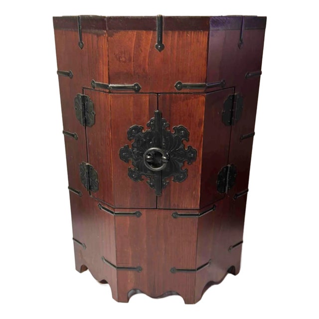 Vintage Korean Octagonal Wooden Cabinet With Merlot Finish, Black Hardware & Lock For Sale
