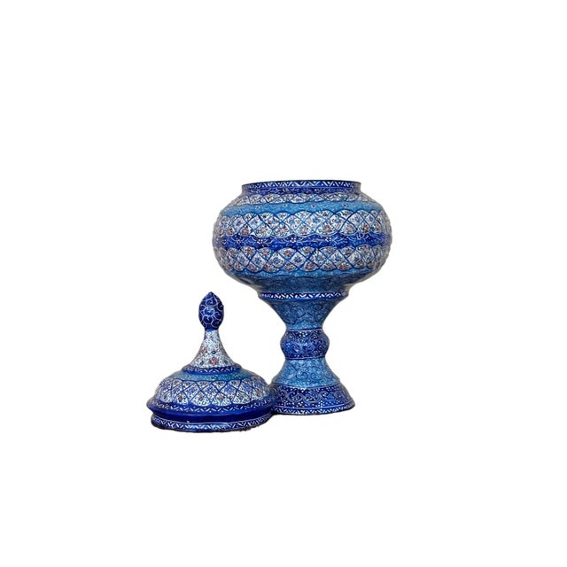 Vibrant hues of blue adorn this lovely Persian sweets compote. This piece is beautifully and intricately hand painted on a...