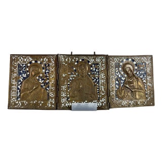Triptych Sacred Icon Journey Christ Madonna, 1890s, Brass For Sale
