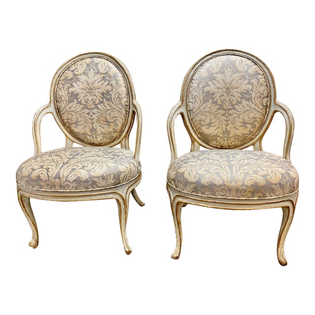 Pair George III Open Arm Chairs in C. 1970's Fortuny For Sale