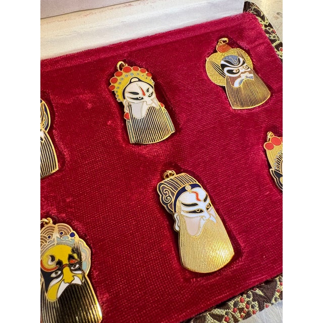 Asian Peking Chinese Enamel Cloisonne' Opera Mask Pendants in Box Set of 10 For Sale - Image 3 of 6