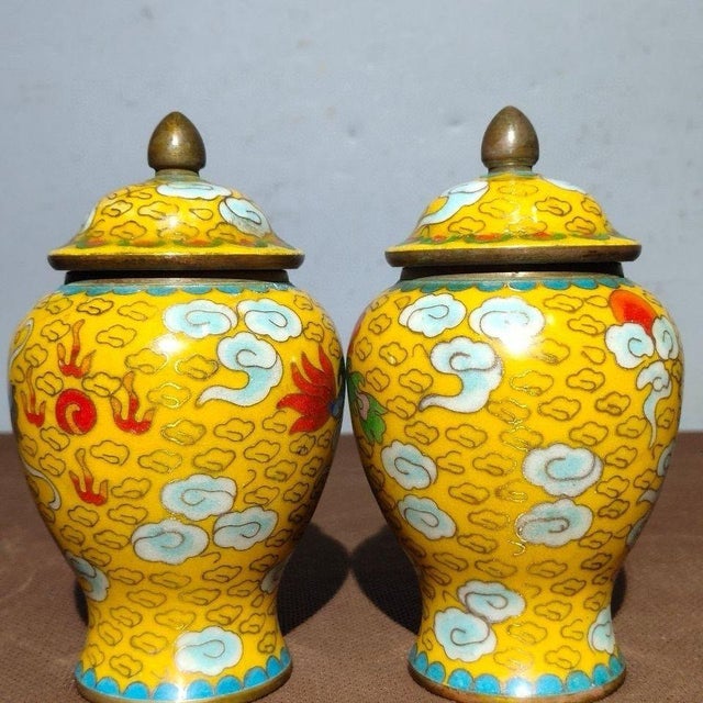 Late 20th Century Pair of Vintage Chinese Yellow Cloisonné "Dragon & Phoenix" Ginger Jars - 1310g For Sale - Image 5 of 9