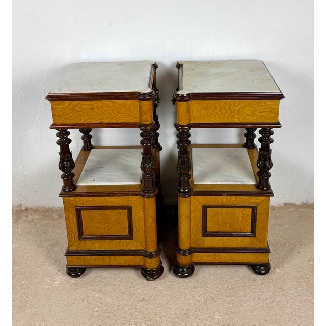 Traditional French Empire Style Marble-Top Nightstands with Cabinet Doors, 1940, Set of 2 For Sale - Image 3 of 12