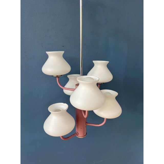 Mid-Century White Opaline Glass Chandelier with Pink Frame For Sale - Image 10 of 13