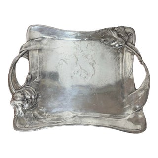 Antique German Jugendstil Pewter Tray With Sculptural Floral Handles, C. 1900 For Sale