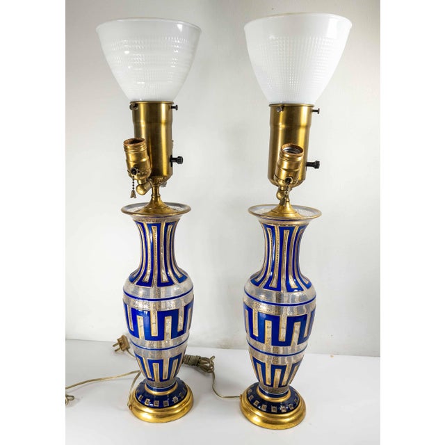 19th Century Pair of Bohemian Cameo Glass Table Lamp Vases With Greek Key Design in Blue For Sale - Image 10 of 16