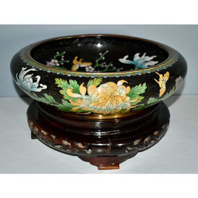1920s Antique Large Cloisonne Bowl W/Carved Wood Base For Sale - Image 5 of 13