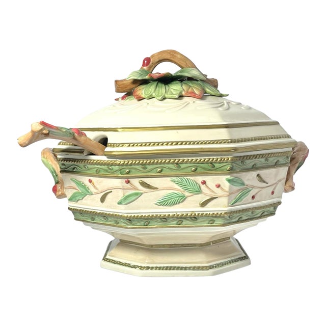 Fitz & Floyd “Winter Wonderland” Ceramic Soup Tureen W/Lid & Ladle For Sale