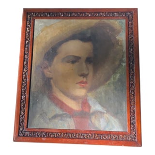Antique Attributed to Edgar Cowan American Oil Portrait of a Young Boy in a Straw Hat For Sale