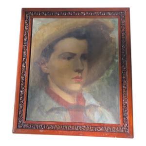 Antique Attributed to Edgar Cowan American Oil Portrait of a Young Boy in a Straw Hat