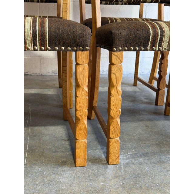 Brown In Style of Henning Kjærnulf Oak Dining Chairs Set of 6 With Striped Upholstery 1970s For Sale - Image 8 of 11