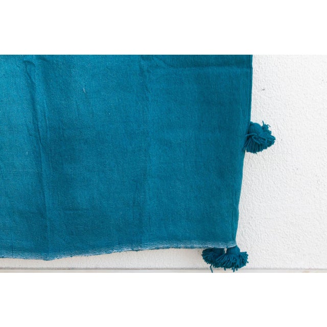 Moroccan Peacock Blue Moroccan Pom Pom Blanket For Sale - Image 3 of 7