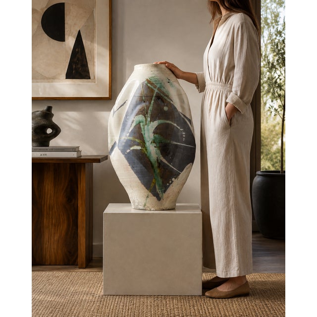 Large-scale studio ceramic vessel combining wheel-thrown construction with a dramatically altered, asymmetrical form. The...