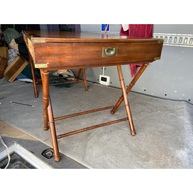 Mid-Century Modern Vintage Campaign Distressed Leather Top Bamboo Executive Desk by Drexel Heritage For Sale - Image 3 of 18