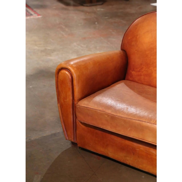 Early 20th Century French Art-Deco Brown Leather Two-Seat Club Sofa For Sale - Image 4 of 11