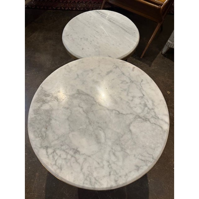 Early 21st Century Mid Century Modern Black Steel and Brass Nesting Tables With Marble Tops For Sale - Image 5 of 5