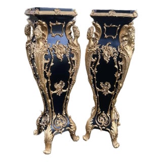 1990 Italian Baroque Black Gold Resin Pedestals 2pc-Pair For Sale