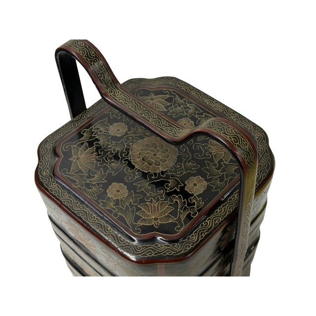 Vintage Chinese Black & Gold Lacquered Wood Basket Floral Geometric Motifs For Sale - Image 9 of 11
