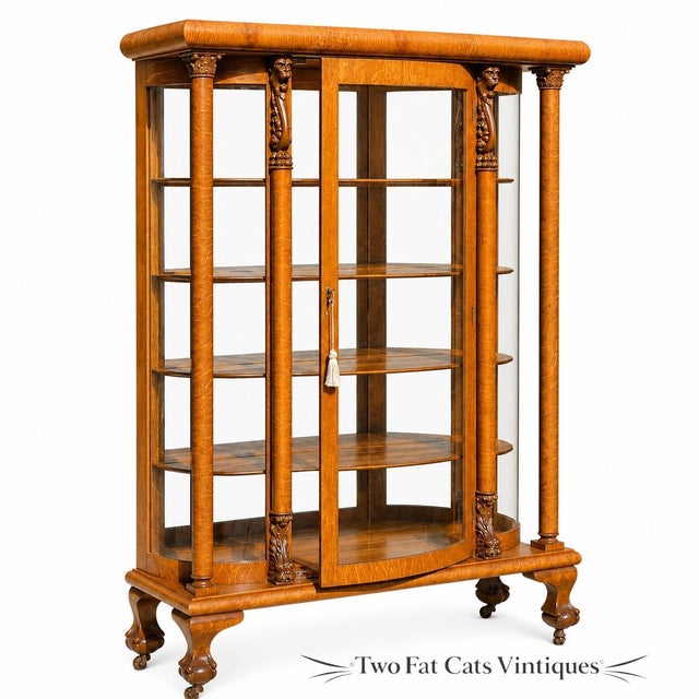 American Antique 1900 American Oak Triple Curved Glass China Cabinet | Carved Lion Head & Claw Foot | Bow- Front China Cabinet For Sale - Image 3 of 12