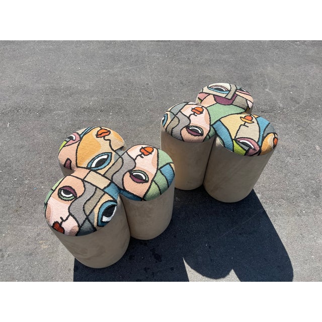 Pair of Designer Poufs, the top fabric is Italian Patchwork Art Fabric, the sides are Zimmer&Rohde nubuk fabric. Price is...