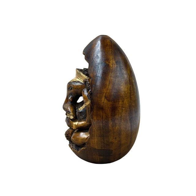 Vintage Oval Egg Shape Wood Relief Carved Ganesha Meditation Figure For Sale - Image 4 of 8