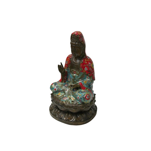 Teal Vintage Cloisonne Enamel Lotus Base Bodhisattva Metal Buddha Statue For Sale - Image 8 of 16