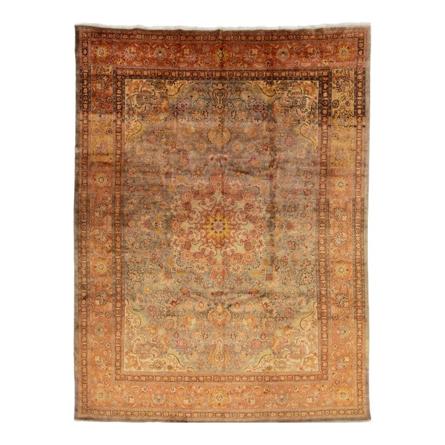 Vintage Persian Tabriz Silk and Wool Rug in Gray and Peach With Medallion Motif For Sale