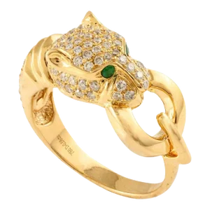 Contemporary Panther Head Ring With Emerald Diamond in 18k Solid Yellow Gold Size 7