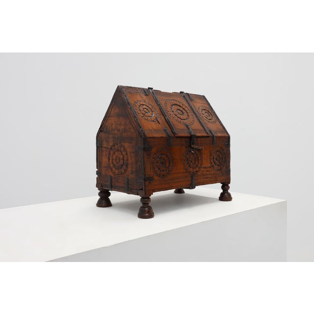 18th Century Carved Wooden Coffer with Slanted Lid and Iron Mounts, France For Sale - Image 4 of 14