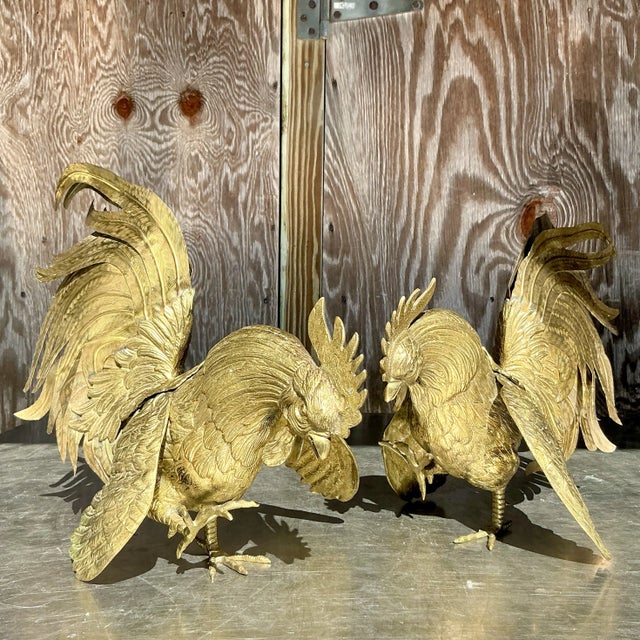 Vintage Boho Brass Roosters - a Pair For Sale - Image 4 of 11