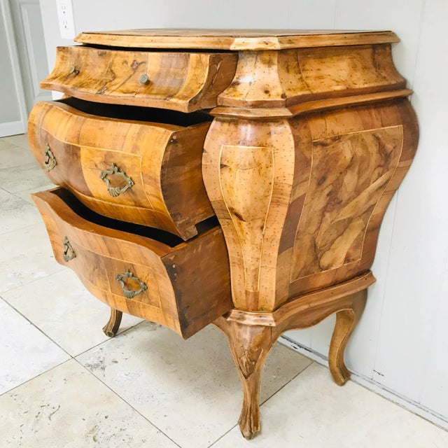 Vintage Italian Olive Walnut Burl Wood Bombe Commode For Sale - Image 4 of 10