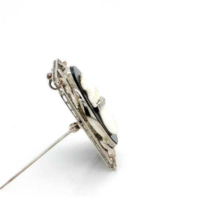 Mid 20th Century Mid 20th Century 14k White Gold Vintage Cameo Pin Pendant Diamond Onyx Floral Filigree For Sale - Image 5 of 9