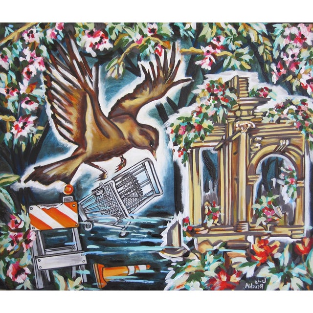 Ancient Ruins by Louis Recchia | Oil on canvas Painting of a bird near a shopping cart and ruins For Sale