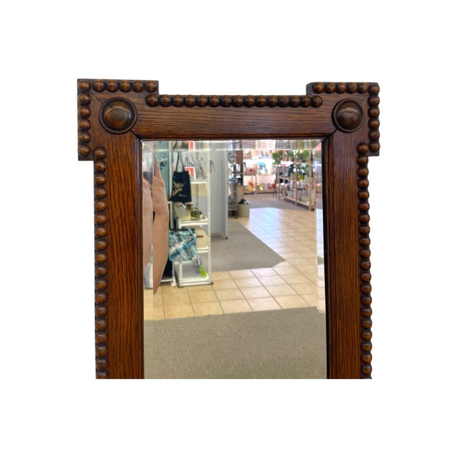 Brown Antique Bobbin Turned Oak Wall Mirror – Arts and Crafts Style Spool Beaded Wood Frame With Beveled Glass For Sale - Image 8 of 10